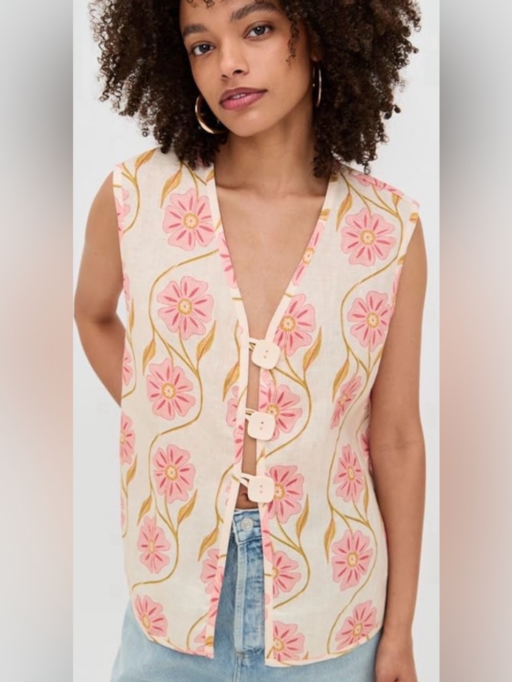 VRG GRL Lorena Linen Vest -Sleeveless Pink Floral Button-Front: Size Medium